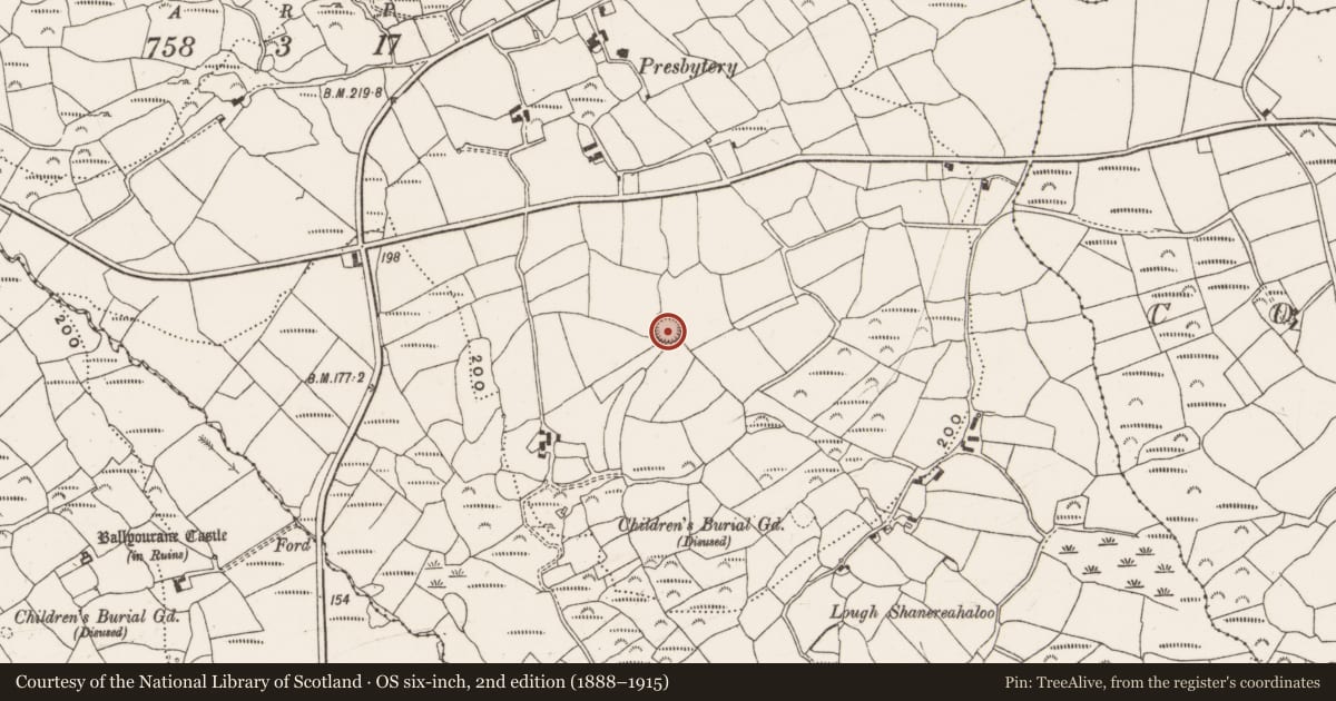 Ordnance Survey six-inch map, 2nd edition (1888–1915) covering the location of Ringfort - rath, Clooncugger, County Cork, with a pin at the register's coordinates