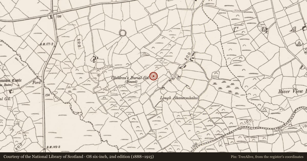 Ordnance Survey six-inch map, 2nd edition (1888–1915) covering the location of Burial ground, Clooncugger, County Cork, with a pin at the register's coordinates