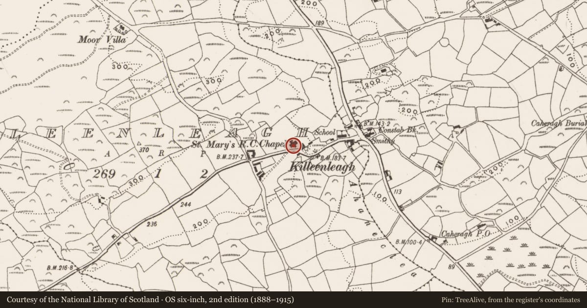 Ordnance Survey six-inch map, 2nd edition (1888–1915) covering the location of Church, Killeenleagh, County Cork, with a pin at the register's coordinates