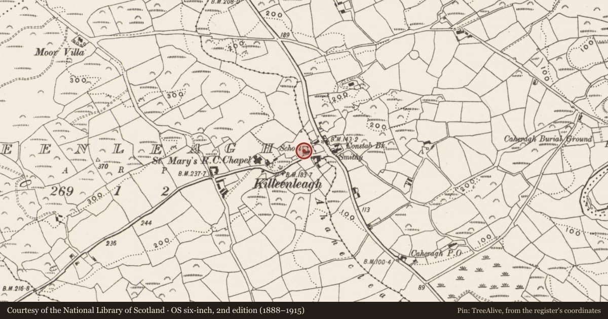 Ordnance Survey six-inch map, 2nd edition (1888–1915) covering the location of Church, Killeenleagh, County Cork, with a pin at the register's coordinates