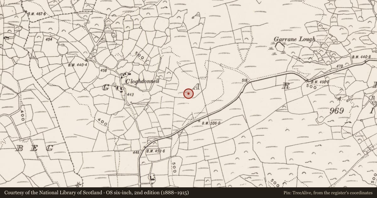 Ordnance Survey six-inch map, 2nd edition (1888–1915) covering the location of Fulacht fia, Garrane, County Cork, with a pin at the register's coordinates