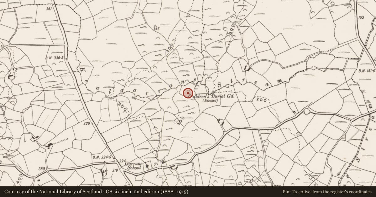 Ordnance Survey six-inch map, 2nd edition (1888–1915) covering the location of Burial ground, Garrane, County Cork, with a pin at the register's coordinates