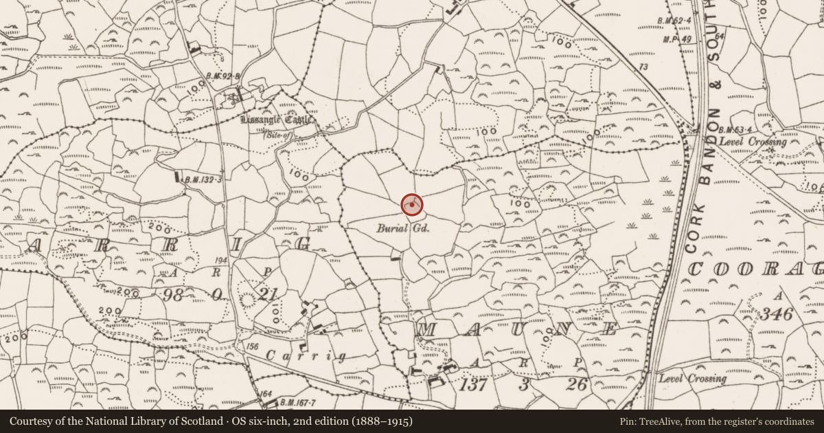 Ordnance Survey six-inch map, 2nd edition (1888–1915) covering the location of Burial ground, Maune, County Cork, with a pin at the register's coordinates