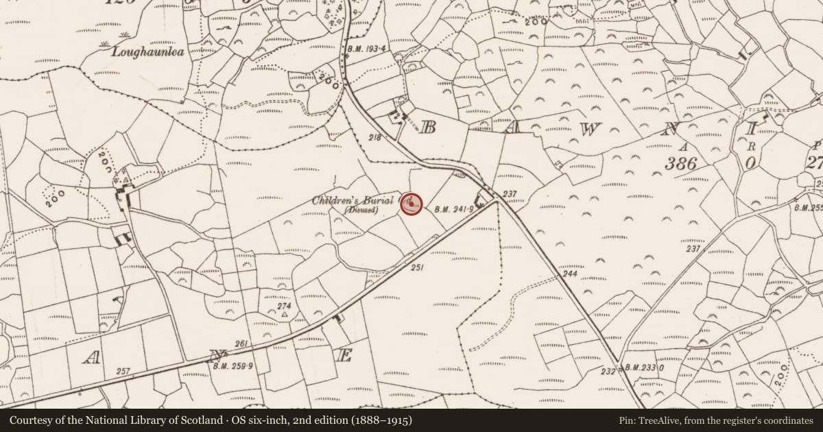 Ordnance Survey six-inch map, 2nd edition (1888–1915) covering the location of Burial ground, Coolbane, County Cork, with a pin at the register's coordinates