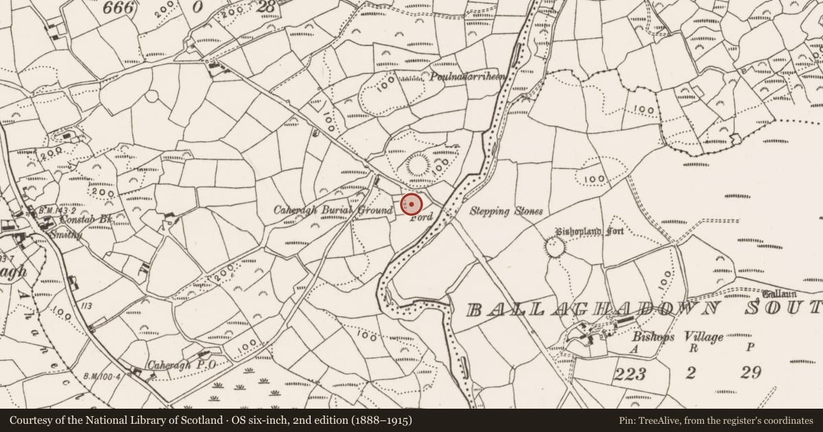 Ordnance Survey six-inch map, 2nd edition (1888–1915) covering the location of Church, Caheragh, County Cork, with a pin at the register's coordinates