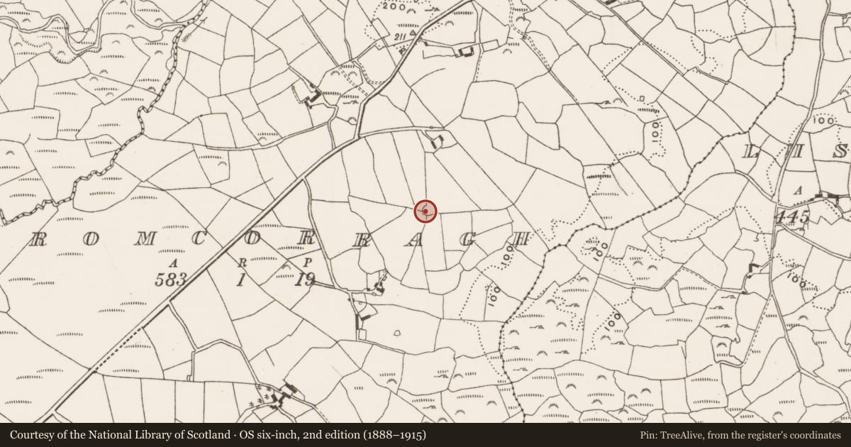 Ordnance Survey six-inch map, 2nd edition (1888–1915) covering the location of Burial ground, Dromcorragh, County Cork, with a pin at the register's coordinates