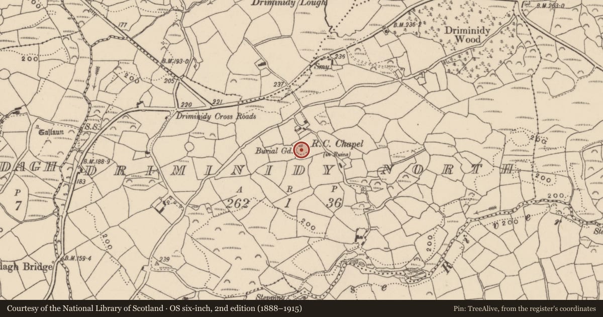 Ordnance Survey six-inch map, 2nd edition (1888–1915) covering the location of Burial ground, Driminidy North, County Cork, with a pin at the register's coordinates