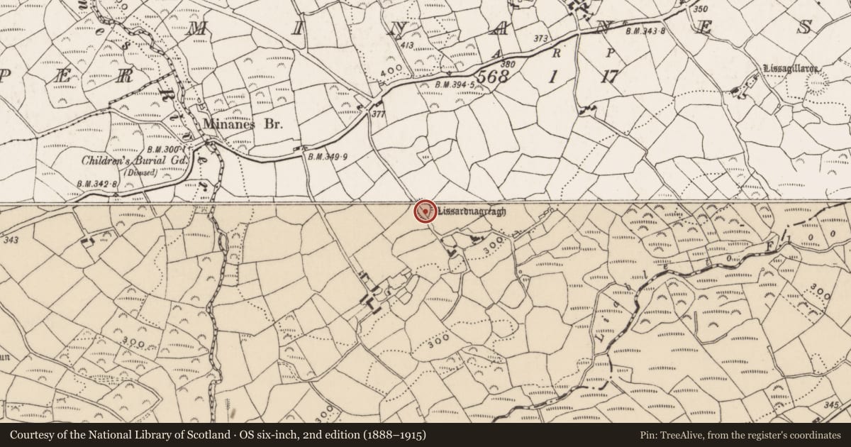 Ordnance Survey six-inch map, 2nd edition (1888–1915) covering the location of Souterrain, Minanes, County Cork, with a pin at the register's coordinates