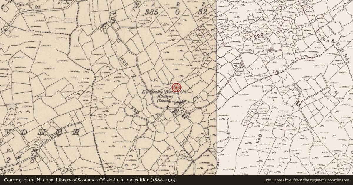 Ordnance Survey six-inch map, 2nd edition (1888–1915) covering the location of Burial ground, Kilnacally, County Cork, with a pin at the register's coordinates