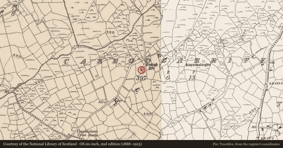 Ordnance Survey six-inch map, 2nd edition (1888–1915) covering the location of Enclosure, Carhoogarriff, County Cork, with a pin at the register's coordinates