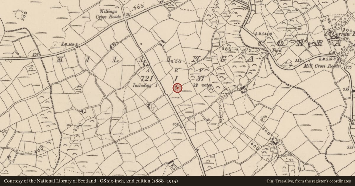Ordnance Survey six-inch map, 2nd edition (1888–1915) covering the location of Fulacht fia, Killinga, County Cork, with a pin at the register's coordinates