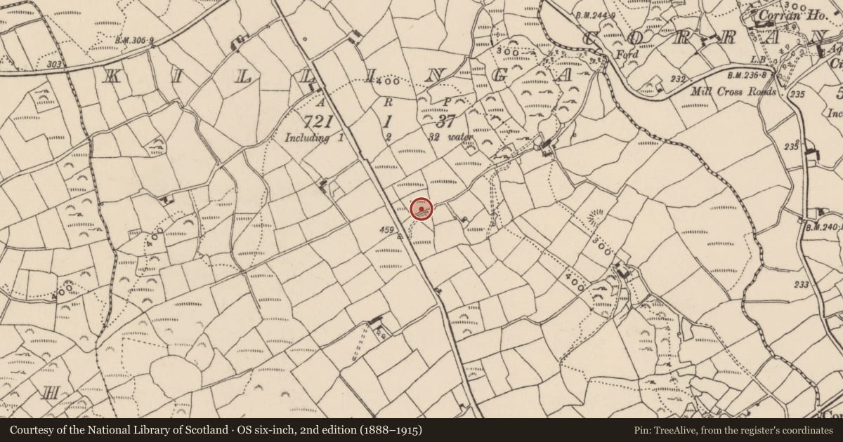 Ordnance Survey six-inch map, 2nd edition (1888–1915) covering the location of Mass-rock, Killinga, County Cork, with a pin at the register's coordinates