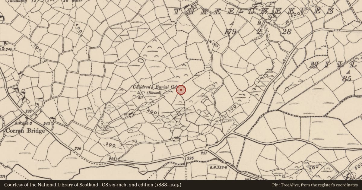 Ordnance Survey six-inch map, 2nd edition (1888–1915) covering the location of Burial ground, Three-Gneeves, County Cork, with a pin at the register's coordinates
