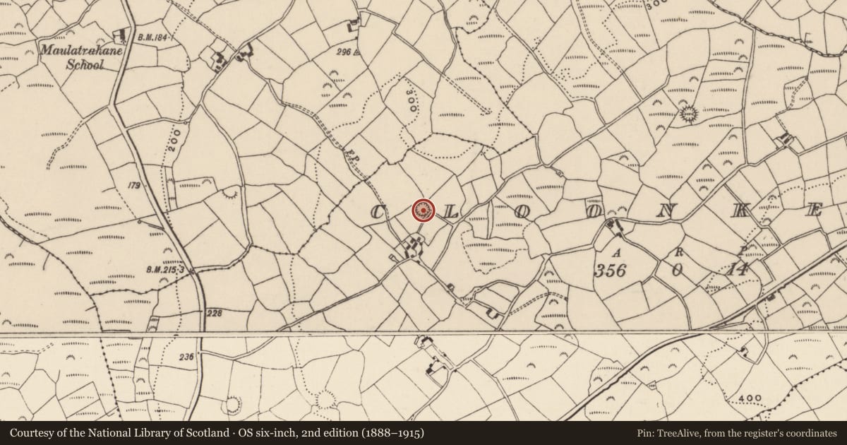 Ordnance Survey six-inch map, 2nd edition (1888–1915) covering the location of Ringfort - rath, Cloonkeen, County Cork, with a pin at the register's coordinates