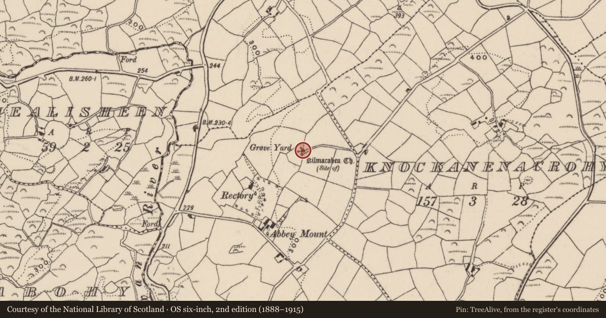 Ordnance Survey six-inch map, 2nd edition (1888–1915) covering the location of Church, Kilmacabea, County Cork, with a pin at the register's coordinates