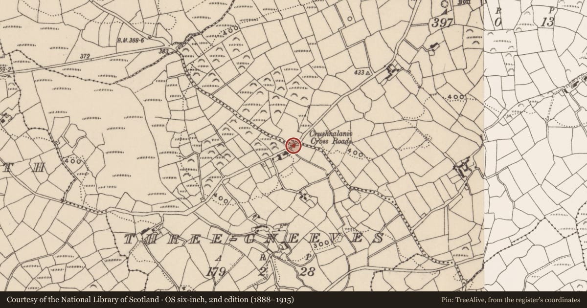 Ordnance Survey six-inch map, 2nd edition (1888–1915) covering the location of Burial ground, Carhoogarriff, County Cork, with a pin at the register's coordinates