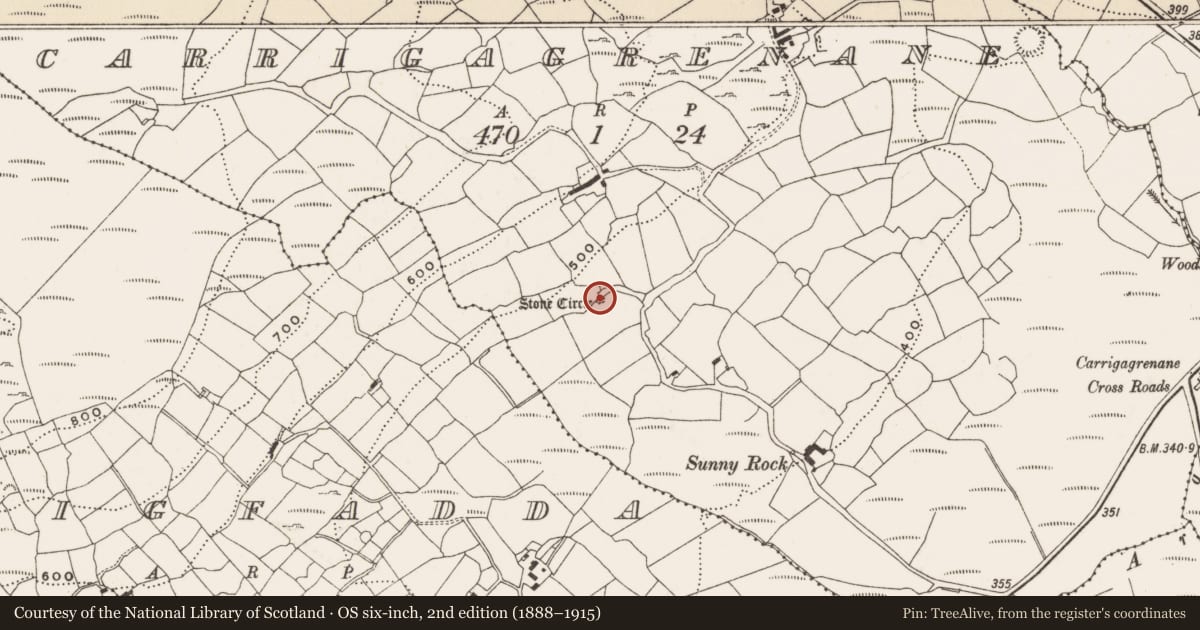 Ordnance Survey six-inch map, 2nd edition (1888–1915) covering the location of Stone circle - multiple-stone, Carrigagrenane, County Cork, with a pin at the register's coordinates