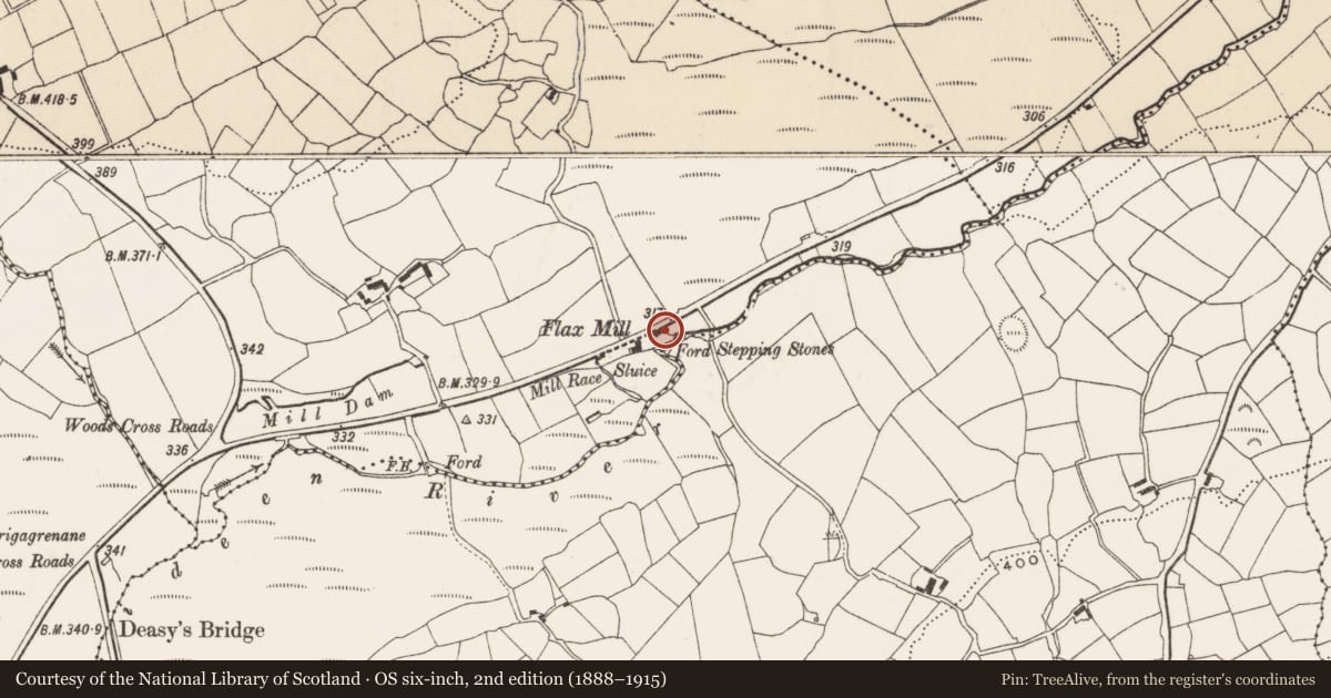 Ordnance Survey six-inch map, 2nd edition (1888–1915) covering the location of Mill - flax, Maulatanvally, County Cork, with a pin at the register's coordinates