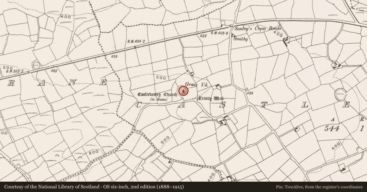 Ordnance Survey six-inch map, 2nd edition (1888–1915) covering the location of Graveyard, Castleventry, County Cork, with a pin at the register's coordinates