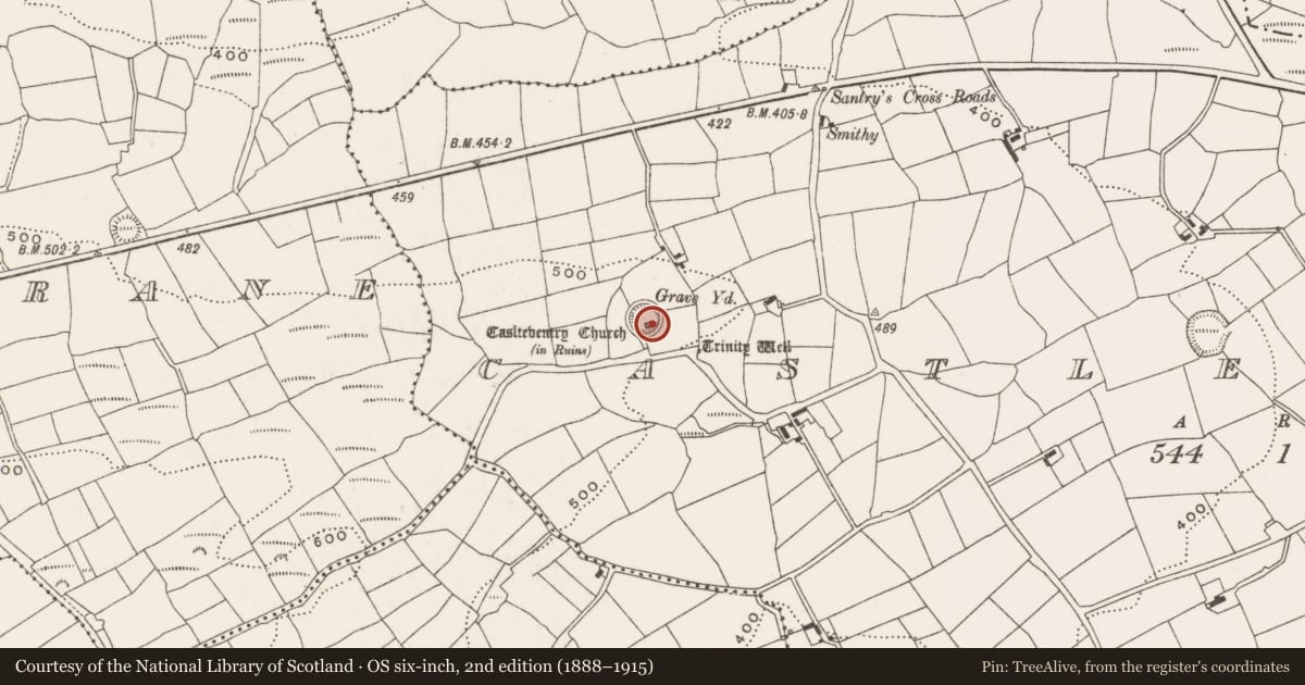 Ordnance Survey six-inch map, 2nd edition (1888–1915) covering the location of Church, Castleventry, County Cork, with a pin at the register's coordinates