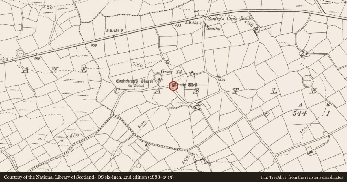 Ordnance Survey six-inch map, 2nd edition (1888–1915) covering the location of Ritual site - holy well, Castleventry, County Cork, with a pin at the register's coordinates