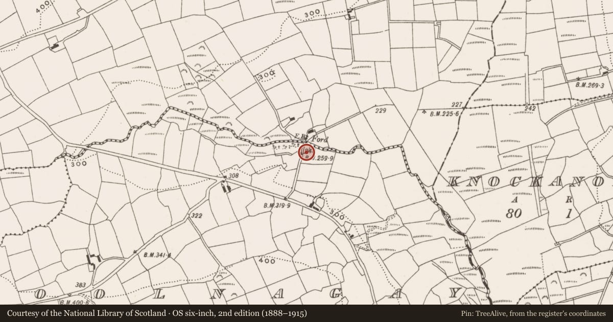 Ordnance Survey six-inch map, 2nd edition (1888–1915) covering the location of Mill - fulling, Coolnagay, County Cork, with a pin at the register's coordinates