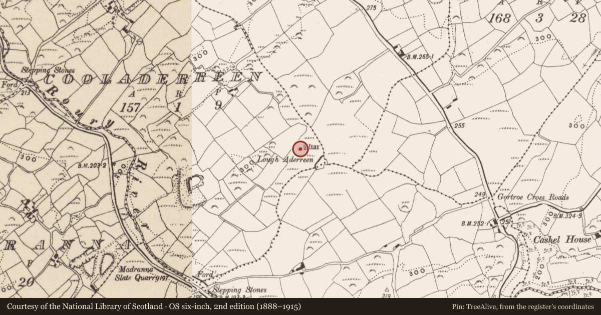 Ordnance Survey six-inch map, 2nd edition (1888–1915) covering the location of Megalithic structure, Cooladerreen, County Cork, with a pin at the register's coordinates