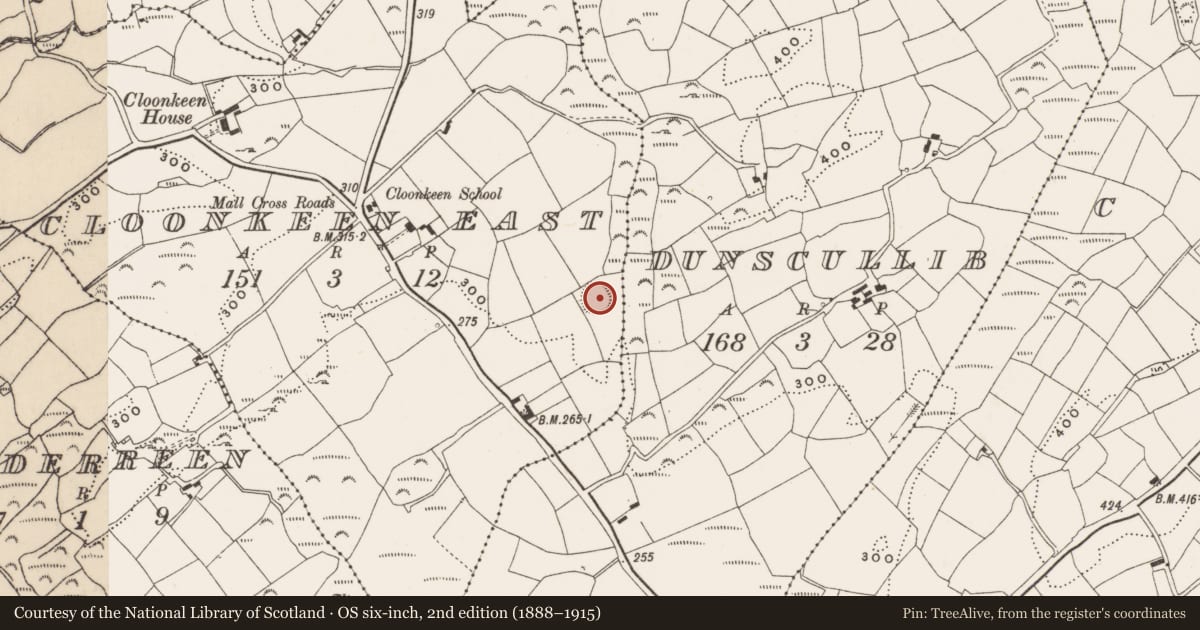 Ordnance Survey six-inch map, 2nd edition (1888–1915) covering the location of Ringfort - rath, Cloonkeen East, County Cork, with a pin at the register's coordinates