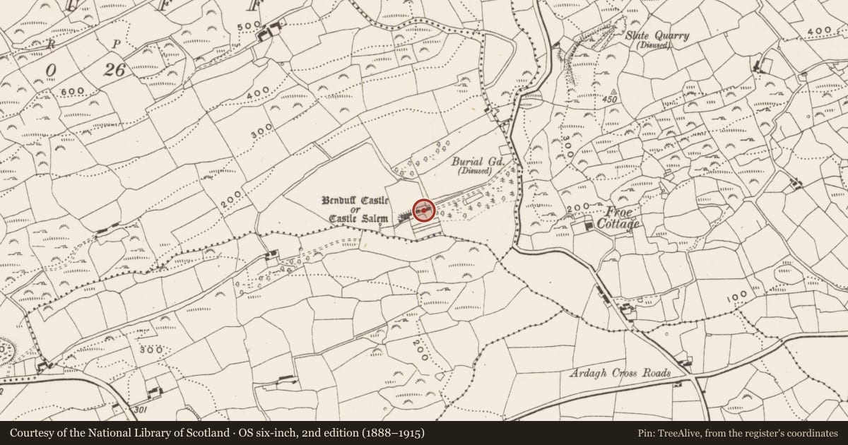 Ordnance Survey six-inch map, 2nd edition (1888–1915) covering the location of Kiln, Benduff, County Cork, with a pin at the register's coordinates