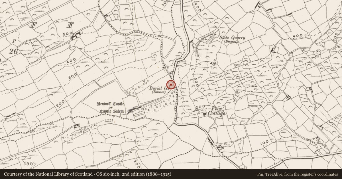 Ordnance Survey six-inch map, 2nd edition (1888–1915) covering the location of Burial ground, Benduff, County Cork, with a pin at the register's coordinates