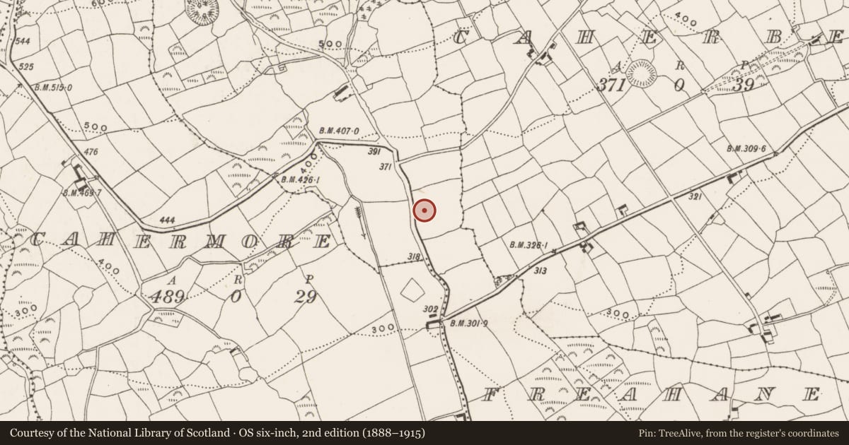 Ordnance Survey six-inch map, 2nd edition (1888–1915) covering the location of Enclosure, Freahanes, County Cork, with a pin at the register's coordinates