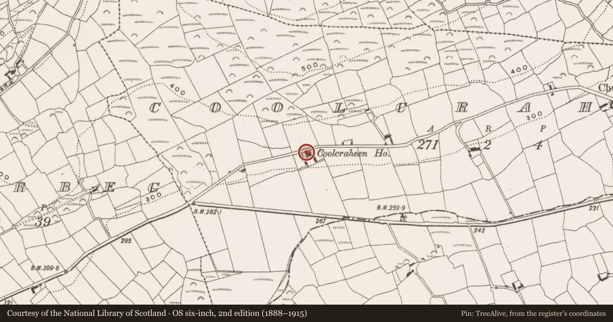 Ordnance Survey six-inch map, 2nd edition (1888–1915) covering the location of House - vernacular house, Coolcraheen, County Cork, with a pin at the register's coordinates