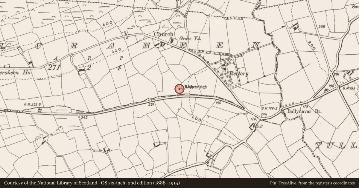 Ordnance Survey six-inch map, 2nd edition (1888–1915) covering the location of Ringfort - rath, Coolcraheen, County Cork, with a pin at the register's coordinates