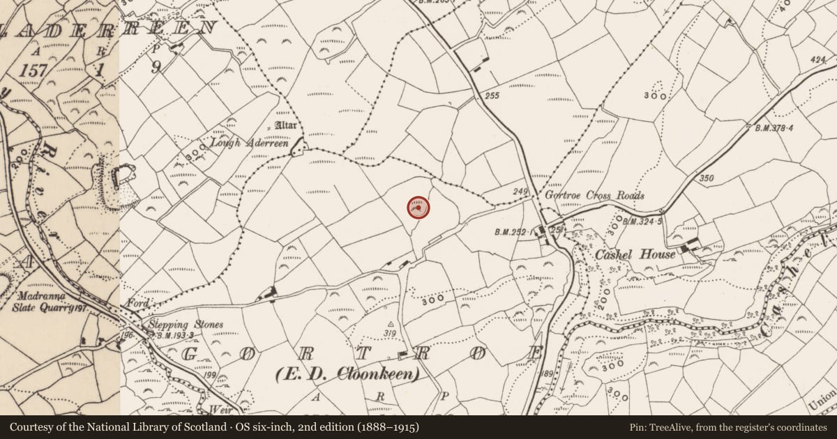 Ordnance Survey six-inch map, 2nd edition (1888–1915) covering the location of Burial ground, Gortroe (Carbery E. (W.D) By., Kilmacabea Par.), County Cork, with a pin at the register's coordinates