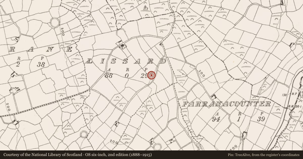 Ordnance Survey six-inch map, 2nd edition (1888–1915) covering the location of Ringfort - rath, Lissard, County Cork, with a pin at the register's coordinates