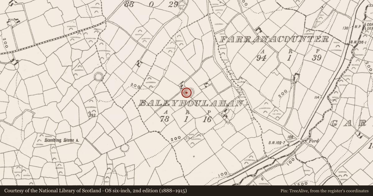 Ordnance Survey six-inch map, 2nd edition (1888–1915) covering the location of Souterrain, Ballyhoulahan, County Cork, with a pin at the register's coordinates