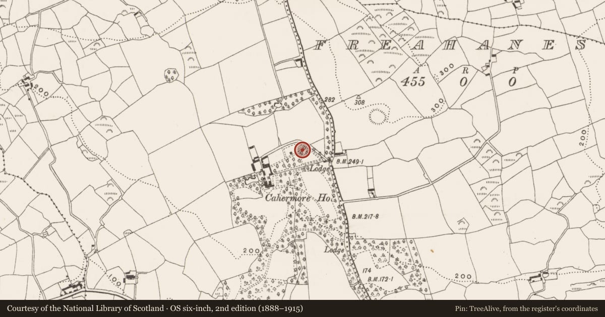 Ordnance Survey six-inch map, 2nd edition (1888–1915) covering the location of Souterrain, Cahermore, County Cork, with a pin at the register's coordinates