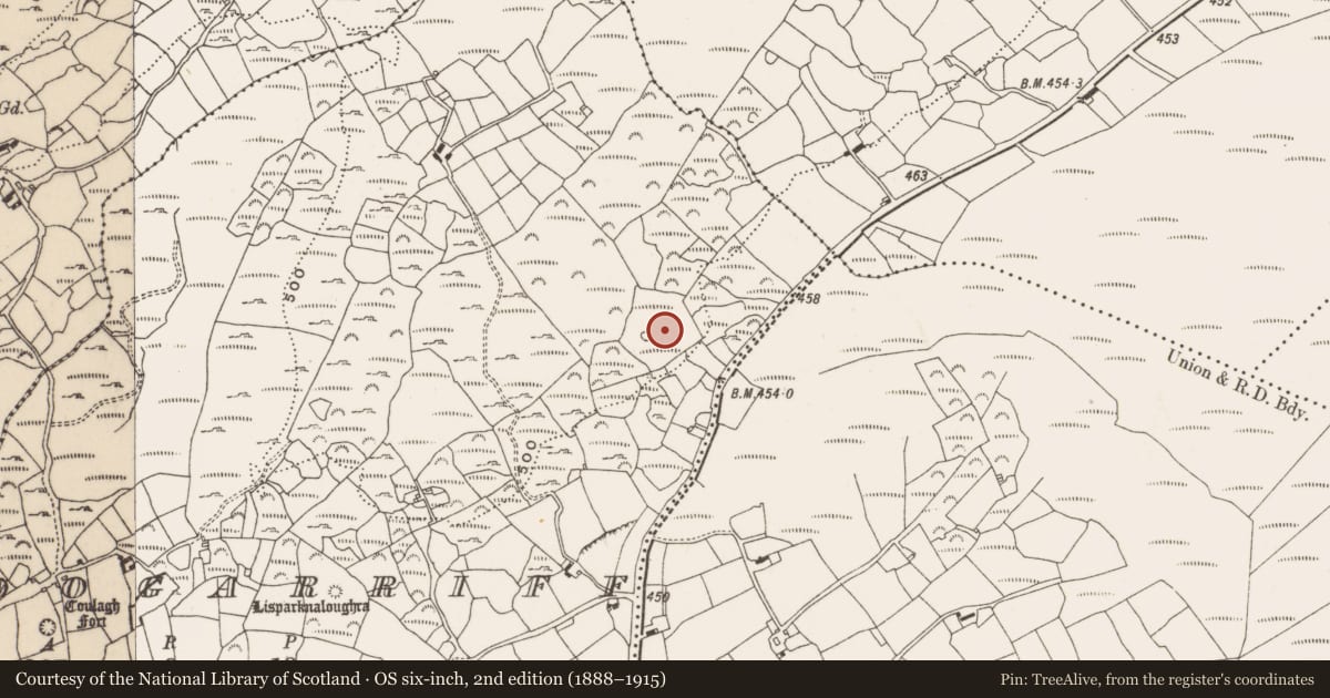 Ordnance Survey six-inch map, 2nd edition (1888–1915) covering the location of Enclosure, Carhoogarriff, County Cork, with a pin at the register's coordinates
