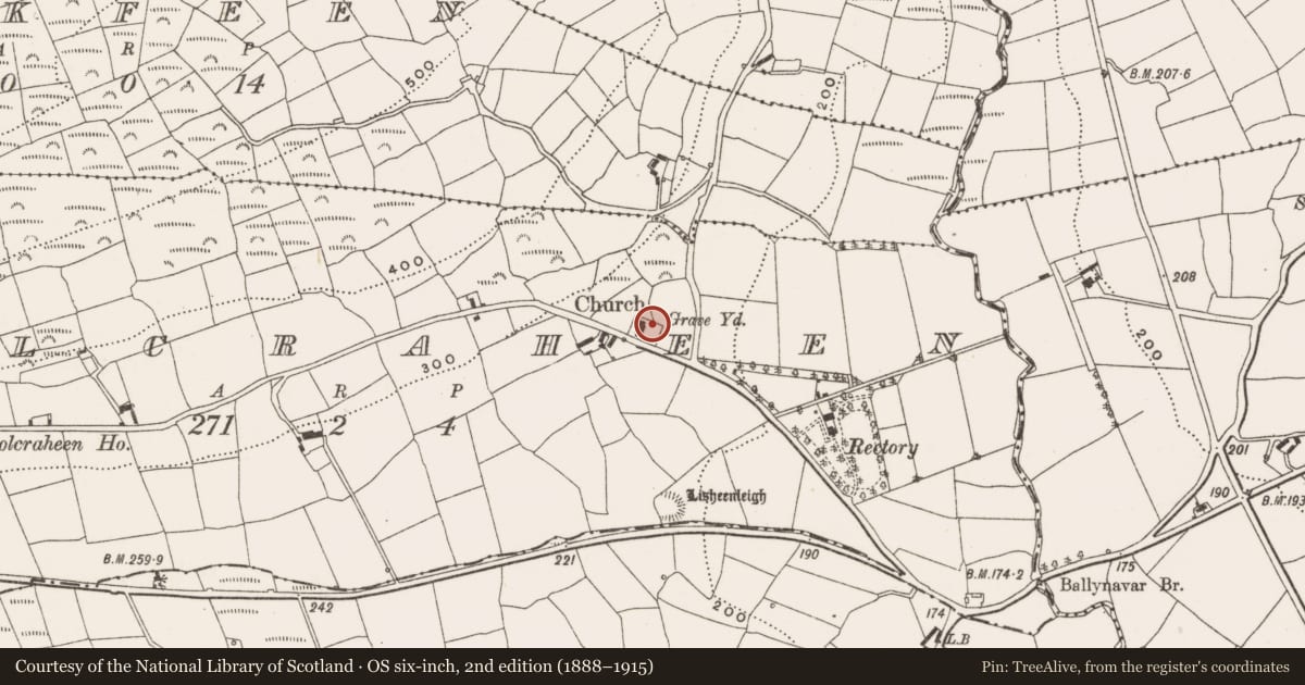 Ordnance Survey six-inch map, 2nd edition (1888–1915) covering the location of Graveyard, Coolcraheen, County Cork, with a pin at the register's coordinates