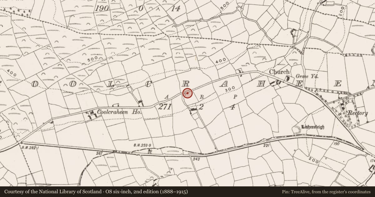 Ordnance Survey six-inch map, 2nd edition (1888–1915) covering the location of Souterrain, Coolcraheen, County Cork, with a pin at the register's coordinates