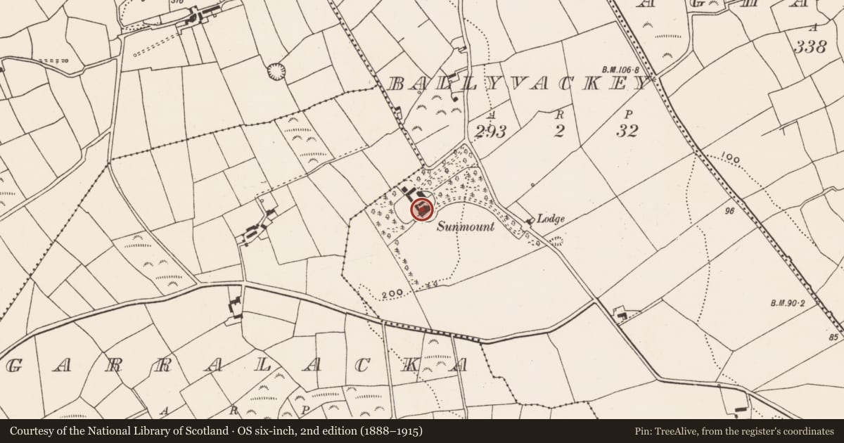 Ordnance Survey six-inch map, 2nd edition (1888–1915) covering the location of Country house, Ballyvackey, County Cork, with a pin at the register's coordinates