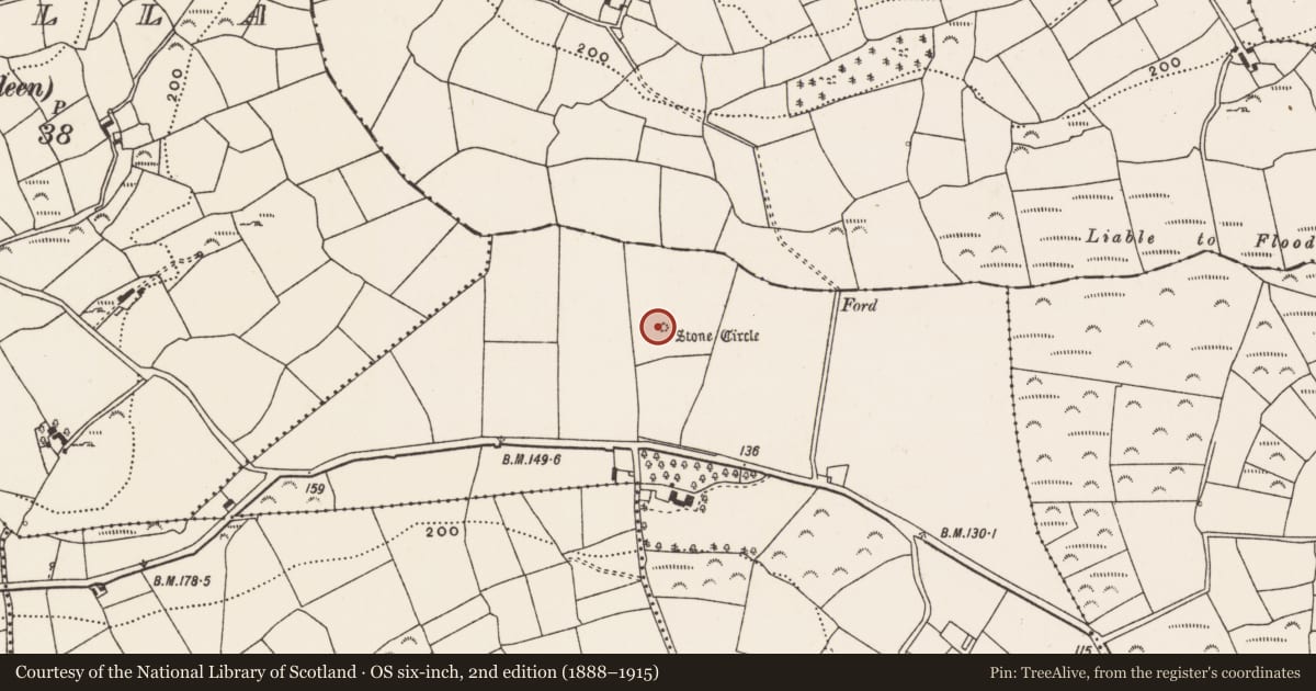 Ordnance Survey six-inch map, 2nd edition (1888–1915) covering the location of Stone circle - multiple-stone, Ballyvackey, County Cork, with a pin at the register's coordinates