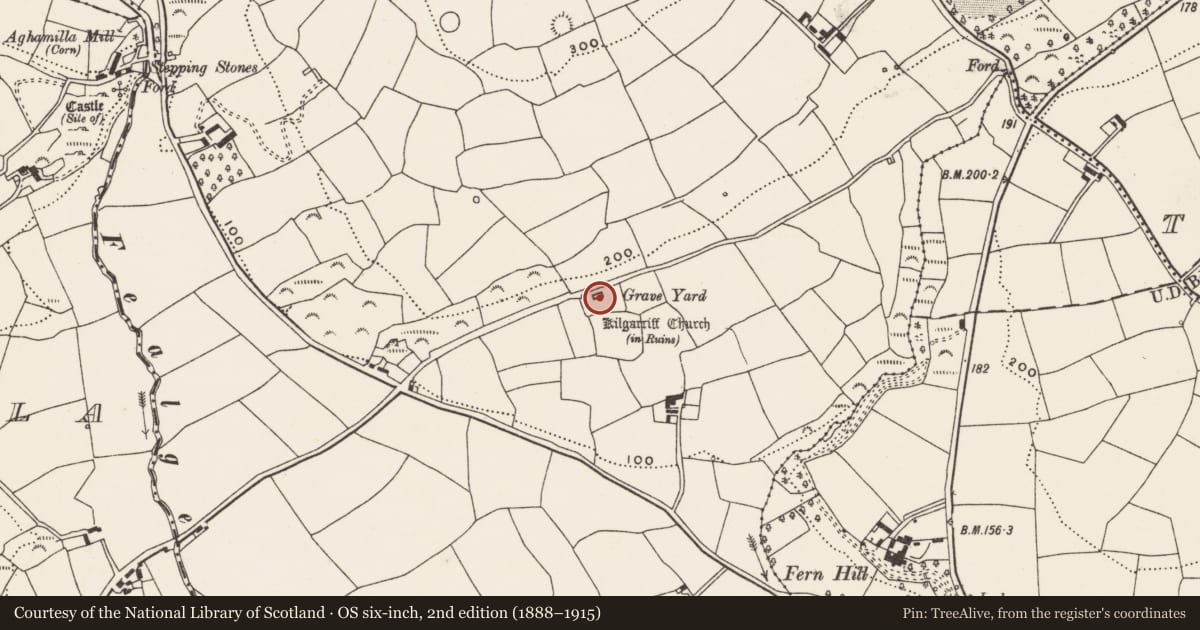 Ordnance Survey six-inch map, 2nd edition (1888–1915) covering the location of Graveyard, Kilgarriff, County Cork, with a pin at the register's coordinates