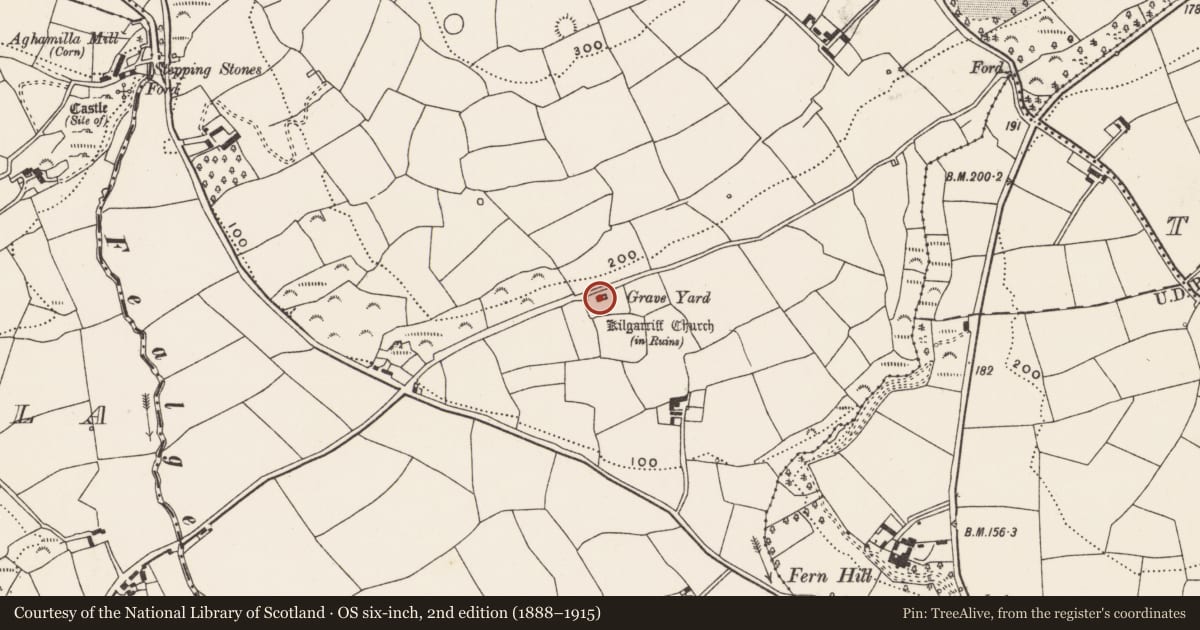 Ordnance Survey six-inch map, 2nd edition (1888–1915) covering the location of Church, Kilgarriff, County Cork, with a pin at the register's coordinates