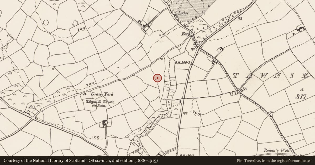 Ordnance Survey six-inch map, 2nd edition (1888–1915) covering the location of Souterrain, Kilgarriff, County Cork, with a pin at the register's coordinates