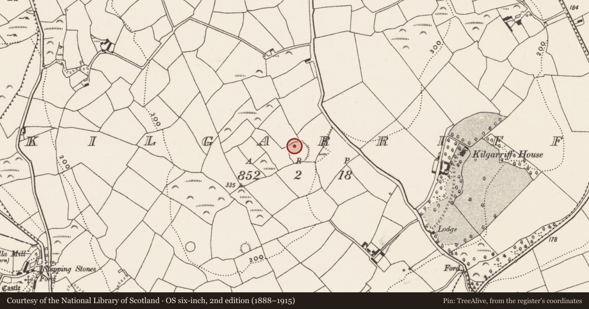 Ordnance Survey six-inch map, 2nd edition (1888–1915) covering the location of Souterrain, Kilgarriff, County Cork, with a pin at the register's coordinates
