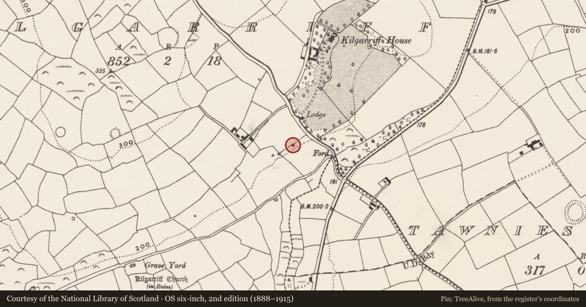 Ordnance Survey six-inch map, 2nd edition (1888–1915) covering the location of Fulacht fia, Kilgarriff, County Cork, with a pin at the register's coordinates