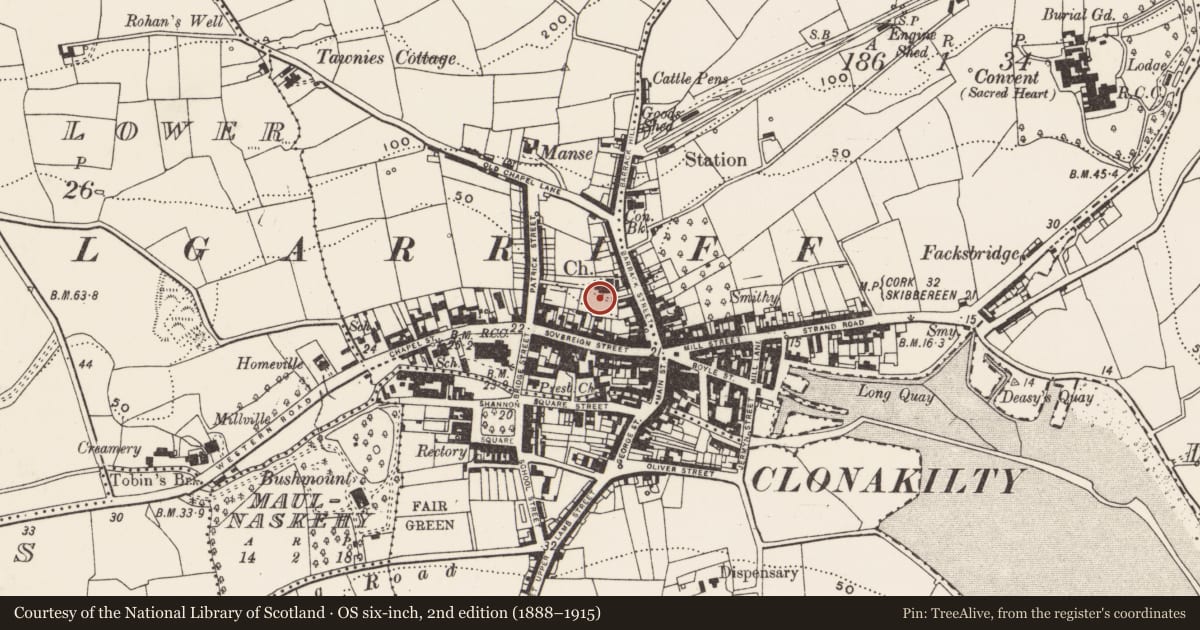 Ordnance Survey six-inch map, 2nd edition (1888–1915) covering the location of Graveyard, Tawnies Upper, County Cork, with a pin at the register's coordinates