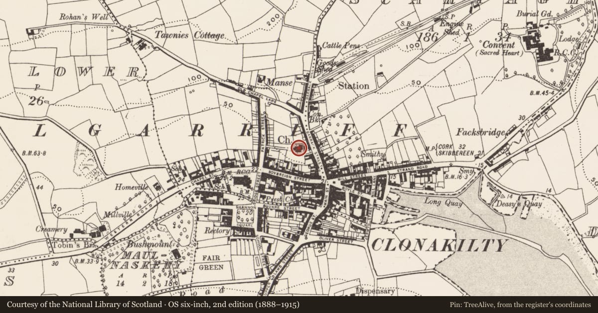 Ordnance Survey six-inch map, 2nd edition (1888–1915) covering the location of Church, Tawnies Upper, County Cork, with a pin at the register's coordinates
