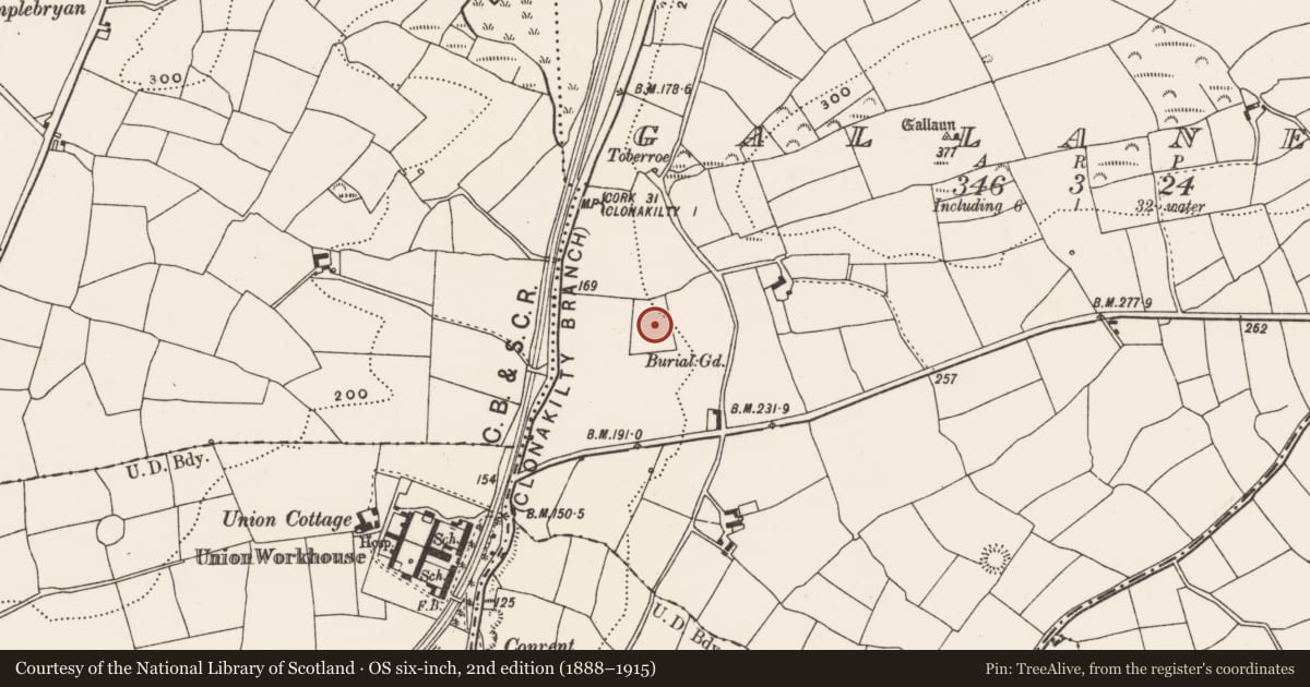 Ordnance Survey six-inch map, 2nd edition (1888–1915) covering the location of Graveyard, Gallanes, County Cork, with a pin at the register's coordinates